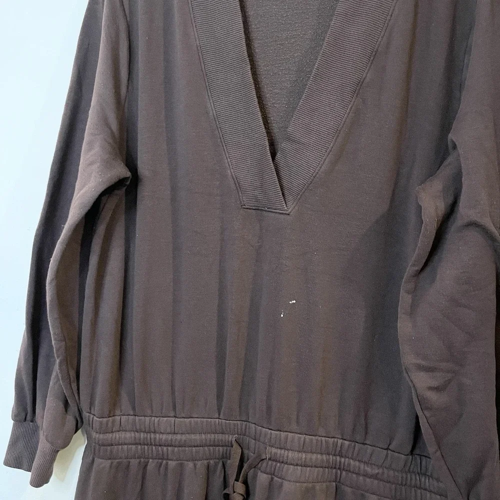 CALIA Brown Drawstring Soft Long Sleeve Jogger Sweatpants Jumpsuit V-Neck Lounge